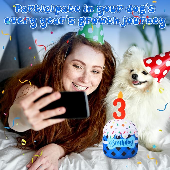 Dog 3rd Birthday Cake Toy Accessories for Girl Boy Gifts, Blue Grid Squeaky Plush Toy for Dog Birthday Party Decor Favor for Large, Medium and Small Dogs