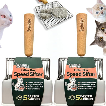Sprinkle & Sweep: Litter Box Speed Shifter - 2 Pack - Metal Scoop, Comfortable Wood Grip, Washable Stand, Efficient Cleaning, Cat & Pet Maintenance