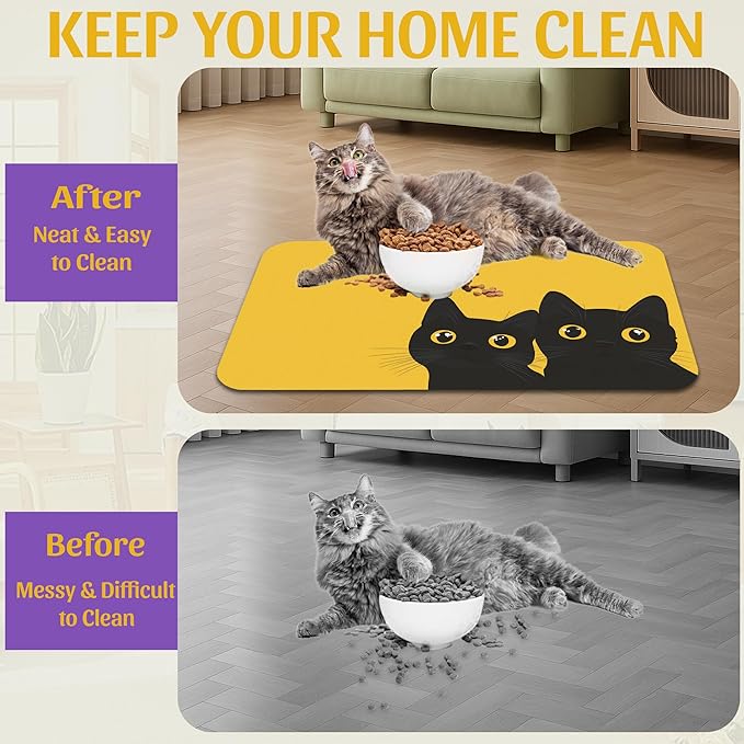 Cute Black Cat Peeking Pet Bowl Mat, Absorbent Placemat for Food and Water, Waterproof Non-Slip Rubber Base – 12x20 Inch