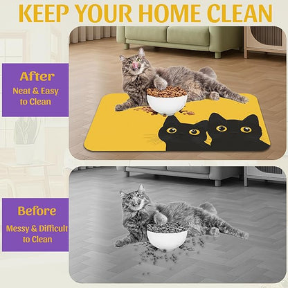 Cute Black Cat Peeking Pet Bowl Mat, Absorbent Placemat for Food and Water, Waterproof Non-Slip Rubber Base – 12x20 Inch