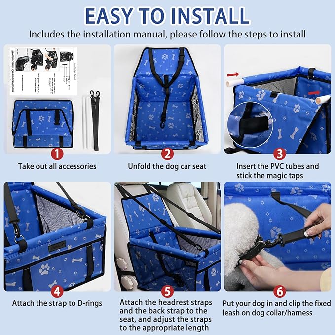 PetsHome Dog Car Seat Foldable Dog Car Booster Seat Waterproof Breathable Oxford Travel Bag for Small to Medium Dogs, Puppies, and Pets-Pattern Blue+Mat
