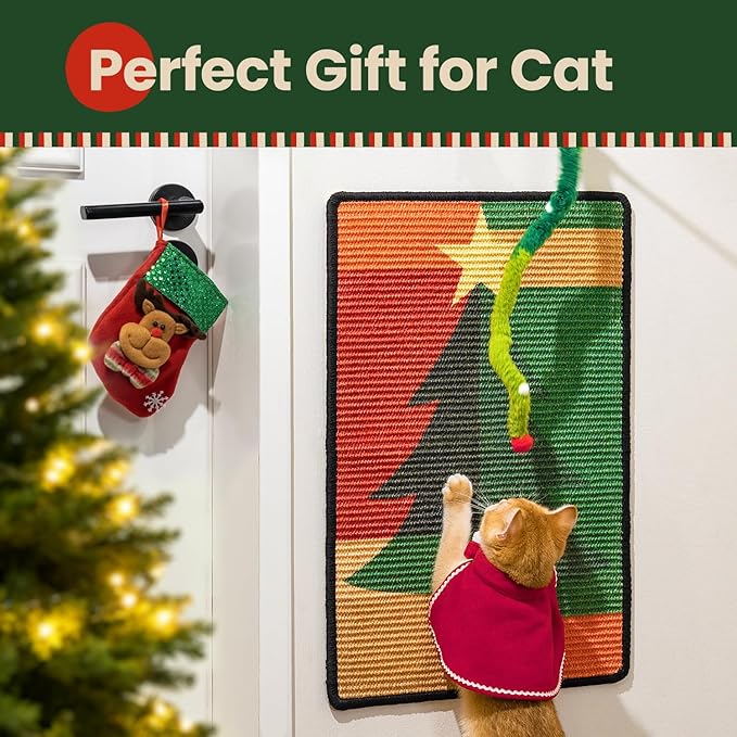 Cat Scratcher Mat,Sisal Cat Scratch Pad,Horizontal Floor Cat Scratching Pads Rug for Indoor Cats,Protector for Wall&Carpets&Sofas,Kitty Xmas-Gift, Includes Cat Toy (M, Christmas)