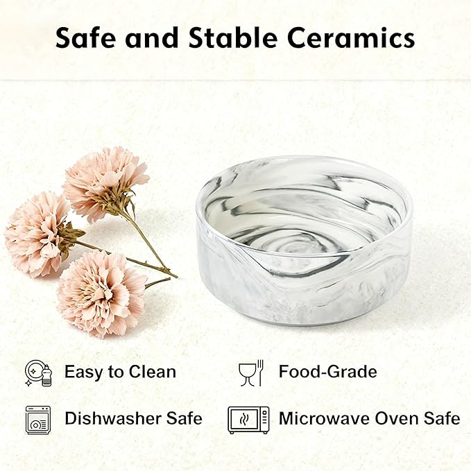Elevated/Raised Ceramic Dog Bowl with Bamboo Stand,Marble Pattern 7 Inch 7.6 Cups Non Slip Heavy Weighted Single Pet Dish,Reduces Neck Strain Marble Gray