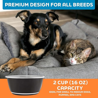 Master Pet Supply Stainless Steel Dog Bowls Set of 2 (16 Oz Each) with Non-Slip Rubber Base - Black Velvet - Basic Dog Food Bowl Water & Food Bowls for Small Medium Large Dogs & Cats, Metal Dish