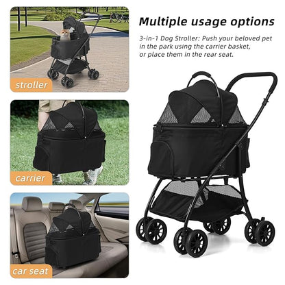 Pet Stroller Quickly Folds for Easy Storage Cat Stroller with Detachable Carrier Thickened Oxford Cloth Breathable Basket Dog Strollers for Small Dogs (Grey)