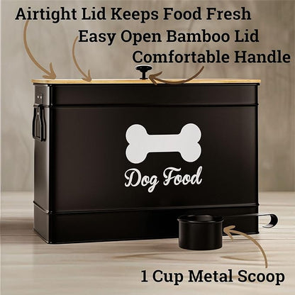 Dog Food Container Airtight 15 lb (50 Cup) Capacity with Metal Scoop - Cute Airtight Dog Food Storage Container with Bamboo Lid - Black Metal Kibble Storage Bin for Dogs up to 100 lbs - Big Pet Jar