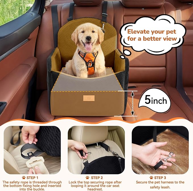 Dog Car Seat for Medium/Small Dogs, Dog Booster Car Seat, Pet Booster Seats Up to 40lbs with Waterproof Layer, 3 Storage Pockets and Safety Belt (Black/Brown)