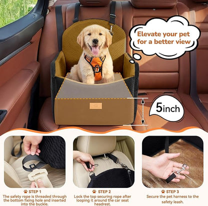 Dog Car Seat for Medium/Small Dogs, Dog Booster Car Seat, Pet Booster Seats Up to 40lbs with Waterproof Layer, 3 Storage Pockets and Safety Belt (Black/Brown)