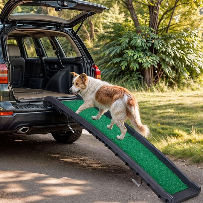 Folding Dog Car Ramps, Dog Steps for Bed, Length Portable Pet Ramp Stairs Step Ladder for Car, Truck,Non Slip Rug Surface, Dog Stairs for Large Dogs Up to 154LB (62 Inch Artificial Grass)