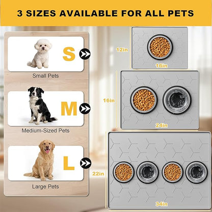 Pieviev 24''x16'' Dog Cat Food Bowl Mat, Silicone Waterproof Food Grade Pet Food Mat for Floor, High Raised Edge to Prevent Spills, Non-Slip & Easy Clean Pet Placemat for Dog & Cat Bowls, Light Gray
