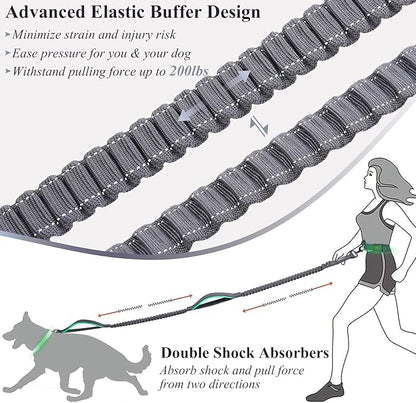 VIVAGLORY Hands Free Dog Leash Bungeetwin Running Dog Leash with Waist Belt for Running Walking & Jogging, Bungee & Around Waist for Pet, S, Grey/Turquoise