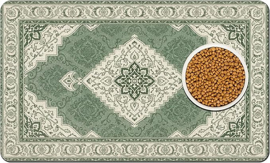 Pet Dog Cat Food Mat, Absorbent Dog Bowl Mats for Food and Water, Non Slip Boho Dogs Cat Placemats Feeding Mat for Floors Indoor Puppy Pet Accessories Supplies 17 * 30 inch, Retro Green