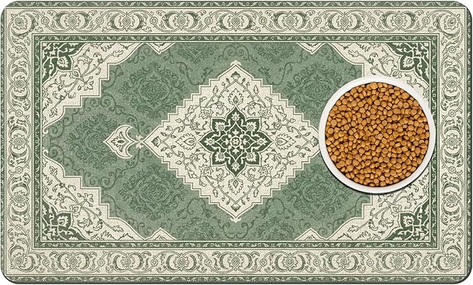 Pet Dog Cat Food Mat, Absorbent Dog Bowl Mats for Food and Water, Non Slip Boho Dogs Cat Placemats Feeding Mat for Floors Indoor Puppy Pet Accessories Supplies 12 * 20 inch, Retro Green