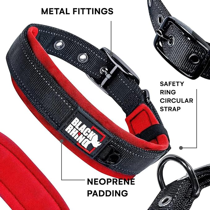 Black Rhino Extra Large Dog Collar - Adjustable Reflective Heavy Duty Dog Collars with Ultra-Soft Neoprene Padding - Weatherproof, Durable, and Comfortable - Ideal for Active Dogs - Red and Black