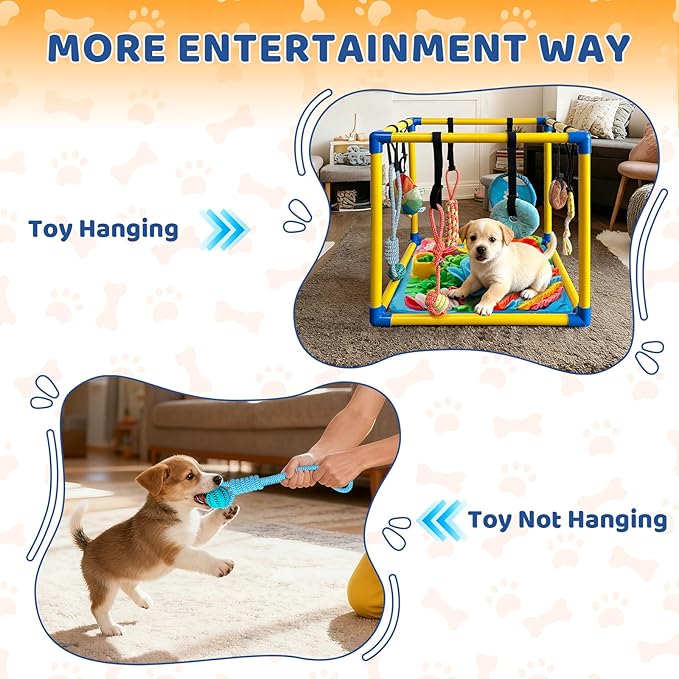 Puppy Play Gym with Snuffle Mat & 8 Hanging Toys Indoor Play Gym Interactive Dog Toys for Boredom Enrichment Activity for Small Dog PVC Frame Stretchy Rope with Velcro (19.6 x 19.6 x 19.6 inch)