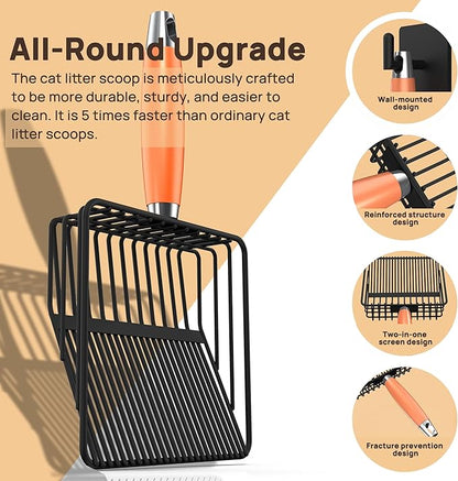 Heavy Duty Metal Cat Litter Scoop with Holder - Broom and Dustpan Set - Quick-Sifting Mesh for Clump-Free Cleaning, Compatible with Most Litter Types