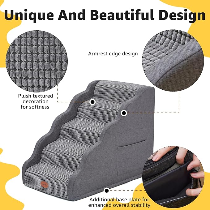 Side Armrest Dog Stairs for High Beds Up to 26-30", 5-Step Pet Ramp with Weighted Base Plate, Washable Cover, Gentle Slope Steps, Bed & Couch Ladder for Small Medium Dogs & Senior Cat