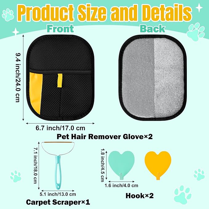 Pet Hair Remover Glove - 5PCS Electrostatic Cat Dog Hair Removal Gloves with Brush and Hooks, Reusable Animal Grooming Brush Tool for Couch Furniture Clothing Carpet Curtain Bed Carpet Blanket