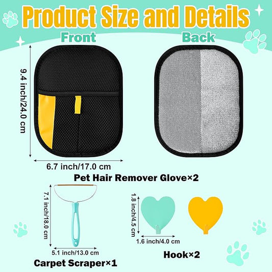 Pet Hair Remover Glove - 5PCS Electrostatic Cat Dog Hair Removal Gloves with Brush and Hooks, Reusable Animal Grooming Brush Tool for Couch Furniture Clothing Carpet Curtain Bed Carpet Blanket