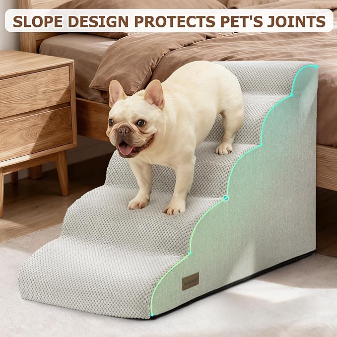 Dog Stairs for Bed 22.4”H,5-Step Dog Ramp for Small Dogs & Cats,Pet Steps for Dogs to get on High Bed, Indoor Anti-Slip Pet Stairs for Old Cats and Puppy,Light Grey