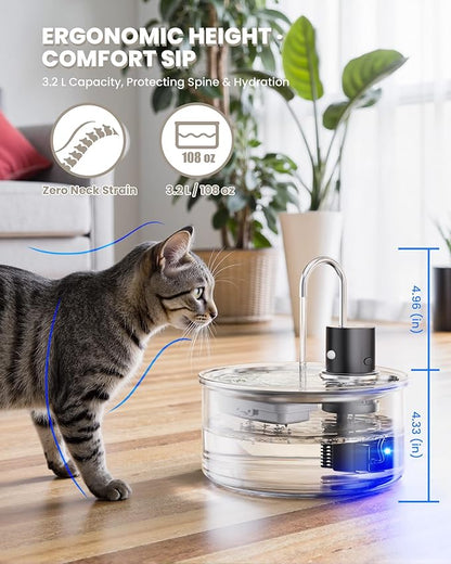 Wireless Cat Water Fountain Glass DIY - 108oz/3.2L Automatic Ultra-Quiet Cat Water Fountain Cordless, Glass Battery Operated Pet Fountain Rechargeable Water Dispenser for Cats, Puppy, Multiple Pets