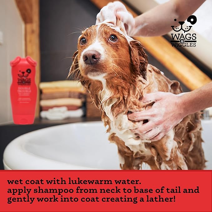 Wags & Wiggles Double Trouble 2-in-1 Dog Shampoo and Conditioner, Fruity Watermelon Scent - Cleansing and Conditioning Formula with Jojoba Oil and Wheat Protein, 16 Fl Oz