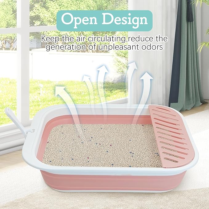 Fhiny Kitten Litter Box Portable Shallow Litter Box 17.7"x13.4"x4.9" Foldable Cat Toilet with Scoop Open Kitty Potty Pan with Litter Drop Pedal Easy to Clean Travel Kitten Toilet(Pink)