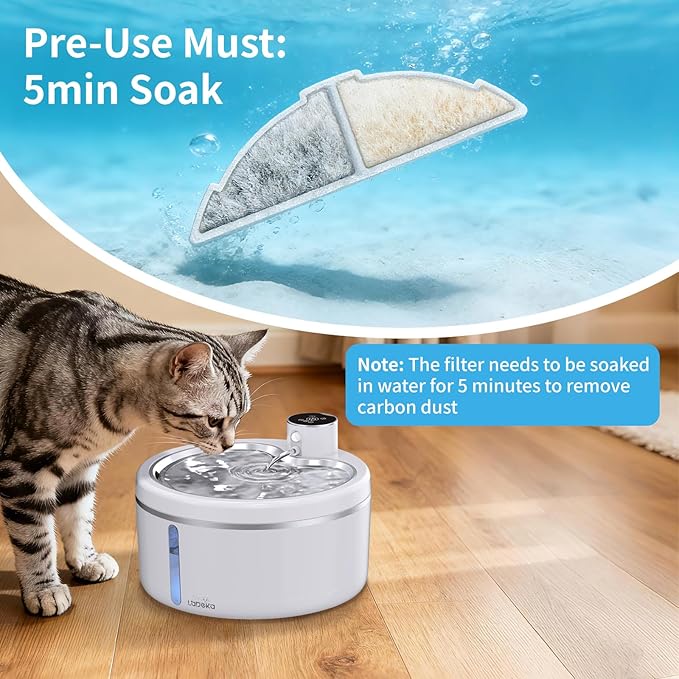 Wireless Cat Water Fountain with Stainless Steel Tray, 102oz/3L Pet Water Fountain for Cats Inside, Cat Fountain for Drinking with Motion Sensor, Ultra Quiet Pump (Filter, 8Filters+8Sponges)