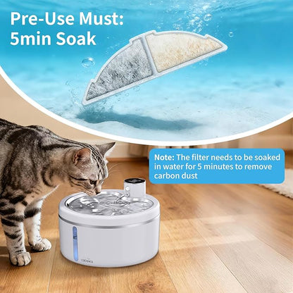 Wireless Cat Water Fountain with Stainless Steel Tray, 102oz/3L Pet Water Fountain for Cats Inside, Cat Fountain for Drinking with Motion Sensor, Ultra Quiet Pump (Filter, 8Filters+8Sponges)