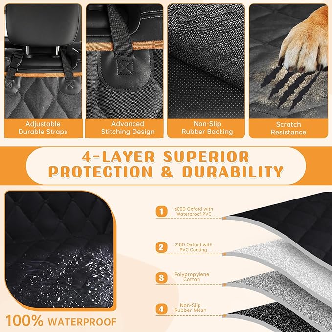 Dog Car Seat Cover for Back Seat 100% Waterproof, Long-Lasting and Soft Nonslip Backseat Cover for Cars, SUVs and Trucks, 600D Oxford Fabric, Black-Orange, Standard (54" W x 59" L)