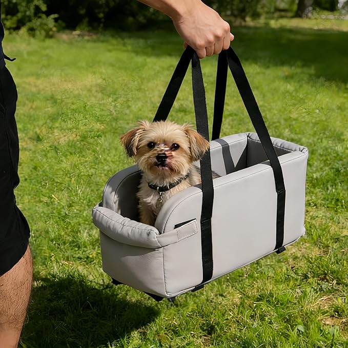Waterproof Faux Leather Center Console Dog Car Seat, 2-in-1 Portable Puppy Carrier & Armrest Booster Seat for Small Dogs, Easy-to-Clean Tech Fabric, Sturdy Cushioned, Anti-Collapse Walls, Under 11 lbs