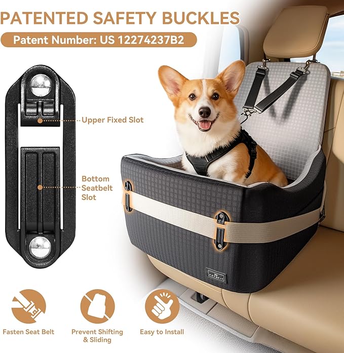 PETSFIT Dog Car Seat for Small/Medium Dogs Up to 35 lbs – Patented Safety System, 6" Memory Foam Pet Booster Car Seat, Fully Detachable and Washable Dog Carseat with 2 Storage Pockets (Black & Grey)