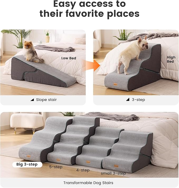 Gardner Pet Dog Stairs for Small Dogs 22.4" H, Large 2 in 1 Transformable 3-Step Pet Stairs and ramp, Dog Steps for High Bed (22-27") with Non-Slip Waterproof Cover CertiPUR-US Certified Foam, Grey