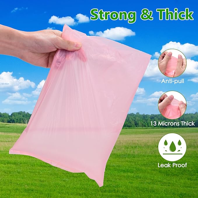 Biodegradable Pink Dog Poo Bags Lavender scent with Dispenser - 300 Large Poop Bags, Extra Thicken Strong Corn Starch Blended Compostable Leak Proof Poop Waste Bag for Dogs