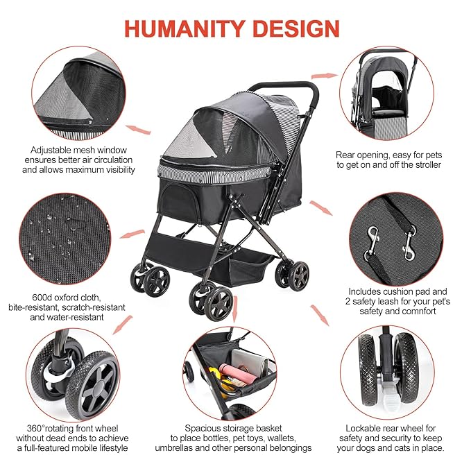 Lightweight Dog Stroller with Reversible Handle for Medium Small Dogs and Cats, Foldable Pet Stroller Travel Carriage with Large Storage Basket, 4 Wheels, Black