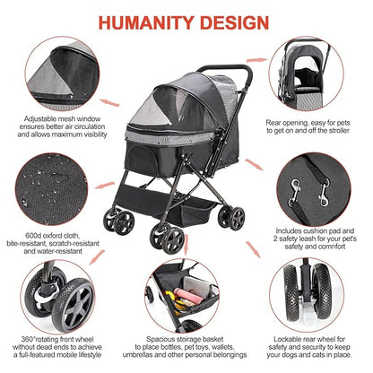Lightweight Dog Stroller with Reversible Handle for Medium Small Dogs and Cats, Foldable Pet Stroller Travel Carriage with Large Storage Basket, 4 Wheels, Black