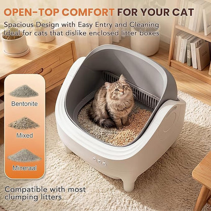 Self Cleaning Cat Litter Box, Greesum Automatic Open-Top Smart Litter Box with App Control, 15L Odor-Sealed Waste Bin, Quiet 35dB, Safety Sensors for Large Cats & Multi-Cat Homes