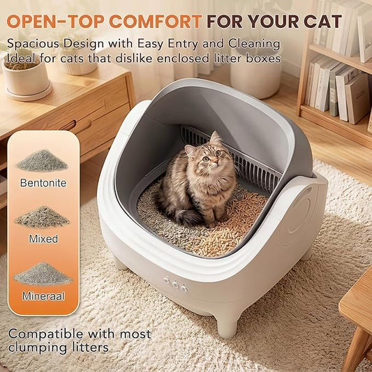 Self Cleaning Cat Litter Box, Greesum Automatic Open-Top Smart Litter Box with App Control, 15L Odor-Sealed Waste Bin, Quiet 35dB, Safety Sensors for Large Cats & Multi-Cat Homes
