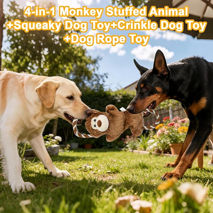 Monkey Plush Squeaky Dog Toy with Crinkle Paper Puppy Teething Chew Toy Cute Soft Funny Indoor Outdoor Interactive Tug of War Dog Rope Toy for Small Medium Large Dogs Toy Gift 39.5cm/15.55in