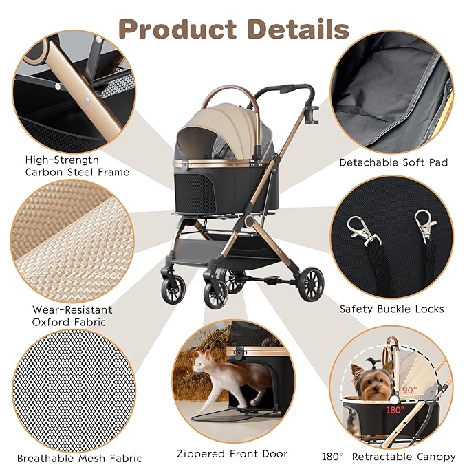 4 Wheels Pet Stroller for Small Medium Dogs Cats Up to 45 lbs Folding Dog Stroller with Detachable Breathable Carrier Suitable for Car Seat, Hand Carry & Travel, All Terrain, 3 in 1 Multifunctional