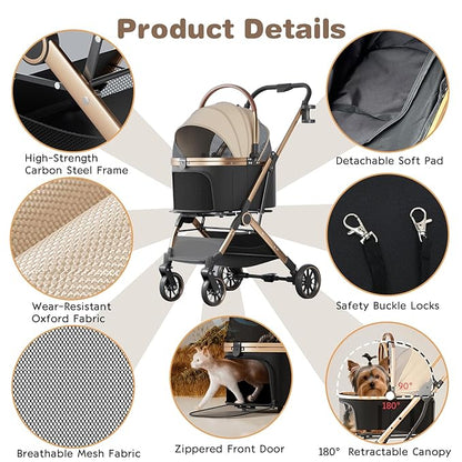 4 Wheels Pet Stroller for Small Medium Dogs Cats Up to 45 lbs Folding Dog Stroller with Detachable Breathable Carrier Suitable for Car Seat, Hand Carry & Travel, All Terrain, 3 in 1 Multifunctional