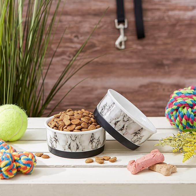 Bone Dry Pet Bowl Collection Ceramic Set, Small, Marble, 2 Count White