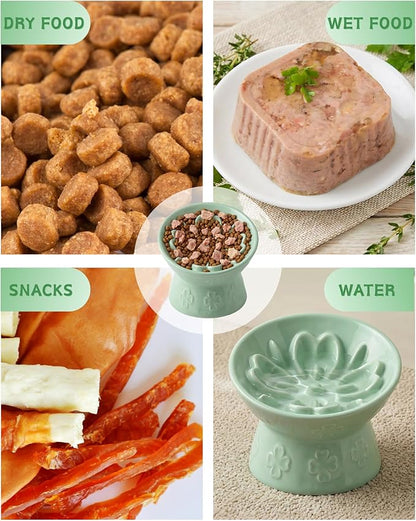 TRUVIC Ceramic Slow Feeder Cat Bowl, 15° Tilted Elevated Cat Slow Eating Bowl for Neck Protection, Anti Vomiting Dog Slow Feeder, Whisker Friendly & No Black Chin for Cats and Small Dogs, Green