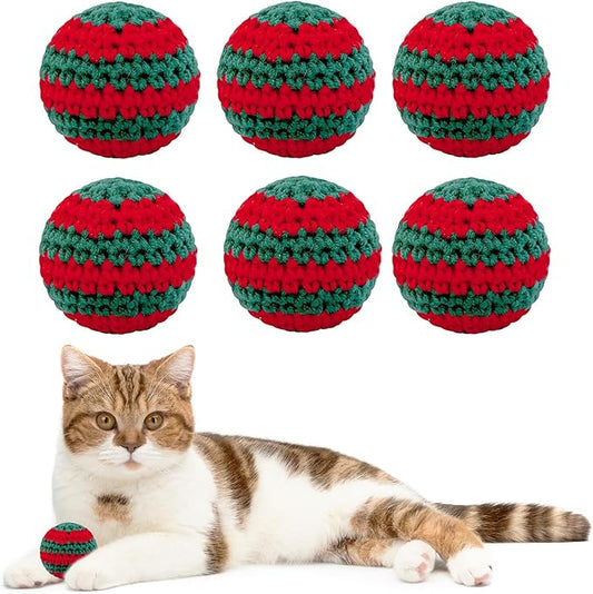 Christmas Cats Ball Toy with Bell Inside, 6Pcs Hand-Knitted Indoor Woolen Yarn Cat Toys Jingle Bell Balls, Kitten Interactive Toys for Hunting/Kicking/Chasing