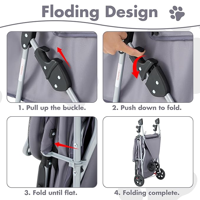Sweetcrispy 3 Wheels Pet Stroller for Small Dogs and Cats – Foldable Dog Stroller with Mesh Windows, Storage Basket & Cup Holder, Lightweight & Durable Pet Carrier for Travel, Outdoor Use, Grey