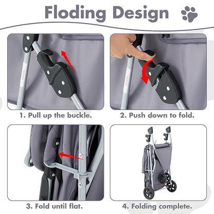 Sweetcrispy 3 Wheels Pet Stroller for Small Dogs and Cats – Foldable Dog Stroller with Mesh Windows, Storage Basket & Cup Holder, Lightweight & Durable Pet Carrier for Travel, Outdoor Use, Grey