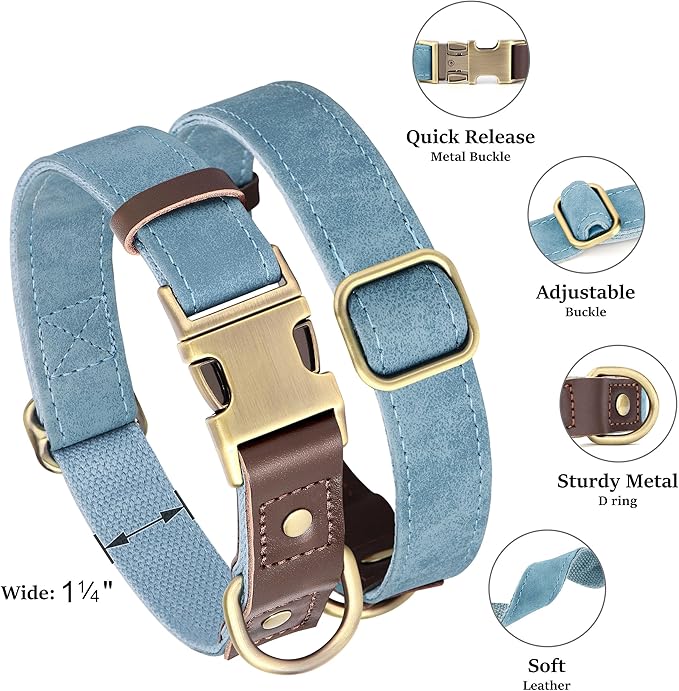 Didog Soft PU Leather Dog Collar for Large Dogs,Classic Adjustable Wide Dog Collars with Quick Release Metal Buckle,Easy Clean and Comfortable with Nylon Lining,Denim Blue,XL Neck 20-27", Width 1.2"