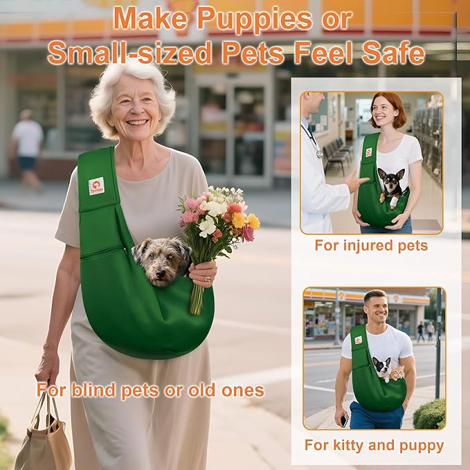Tomkas Small Dog Cat Sling Carrier Puppy Purse Travel Wrap Soft Crossbody Pet Bag (Emerald Green, M - Zip Pocket & Adjust Strap)