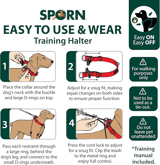 Sporn Original Dog Halter, No Pull Dog Harness, Durable Nylon Collar with Padded Restraint Sleeves for Extra Large Breeds, No Choke Design, Adjustable Fit, Easy On/Off, Blue, X-Large