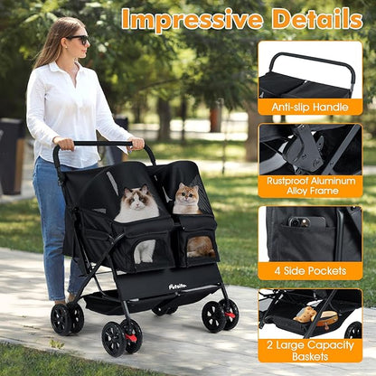 PETSITE Double Pet Stroller, Foldable Double Dog Stroller with 2-Seater Carrier, Adjustable Sunshade, Removable Pad, Safety Belt, Storage Basket, 4-Wheel Pet Travel Cart for 2 Puppies & Cats (Black)